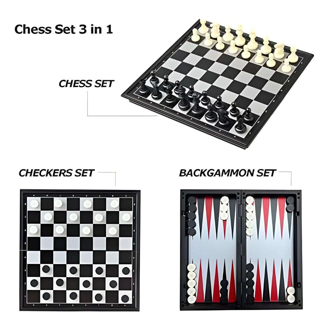 Juego de Mesa Magnético 3 en 1: Ajedrez, Damas y Backgammon