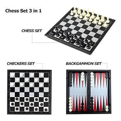 Juego de Mesa Magnético 3 en 1: Ajedrez, Damas y Backgammon